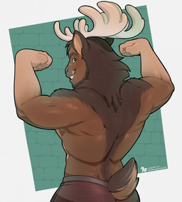anthro antlers fur gym horn looking_back male muscular muscular_male rear_view smile solo tail olenchik cervine deer elk mammal hi_res