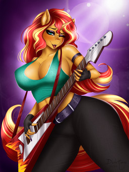 anthro belt big_breasts blush breasts clothed clothing crop_top electric_guitar eyebrows eyelashes female fingerless_gloves fingers gloves guitar handwear horn looking_at_viewer musical_instrument one_eye_closed plucked_string_instrument shirt solo string_instrument tongue topwear ashimaroo equestria_girls hasbro my_little_pony mythology sunset_shimmer_(eg) equid equine mammal mythological_creature mythological_equine unicorn 2022 3:4 absurd_res digital_media_(artwork) hi_res