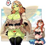 areola areola_slip breasts cleavage clothed clothing duo eyewear eyewear_on_head female genitals goggles goggles_on_head green_body green_skin not_furry panties panties_down partially_clothed pussy underwear underwear_down lewdamone yu-gi-oh! kozmo_farmgirl kozmo_goodwitch human humanoid mammal 2023 absurd_res hi_res