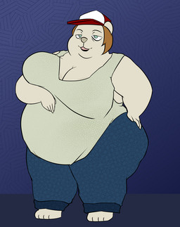 anthro barefoot belly big_breasts bottomwear breasts clothing denim denim_bottomwear denim_clothing feet female hat headgear headwear huge_breasts jeans obese obese_anthro obese_female overweight overweight_anthro overweight_female pants shirt solo tank_top topwear trucker_hat oxkingky casey_(oxkingky) bear mammal 2026