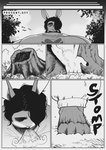 anthro big_breasts breasts choker clothing exhaling grass gynomorph hair hair_over_eye intersex jewelry lifting muscular muscular_intersex necklace plant solo stomping tree_stump veiny_arms peculiart ruth_(peculiart) comic hi_res