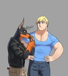 anthro blonde_hair blue_eyes duo ear_piercing ear_ring female hair lighter male muscular piercing red_eyes ring_piercing smoking speech_bubble tail nx_wildkongo human mammal hi_res