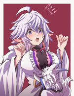 ambiguous_gender anthro big_breasts blush bodily_fluids bow_tie breasts crossgender duo female feral flying_sweatdrops fur human_focus humor not_furry_focus purple_eyes sweat sweatdrop white_body white_fur fujitaka_nasu fate_(series) type-moon caster_merlin cath_palug breed_of_calamity canid canine human mammal animated no_sound short_playtime webm