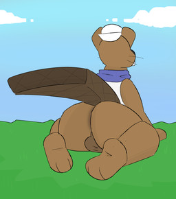 3_toes all_fours anthro backsack balls big_butt bottomless buckteeth butt clothed clothing feet genitals headgear kneeling male outside presenting presenting_hindquarters raised_tail simple_background slightly_chubby solo tail teeth thick_thighs toes topwear whiskers delta's_art broadside_beach shipwrecked_64 bucky_beaver beaver mammal rodent absurd_res hi_res