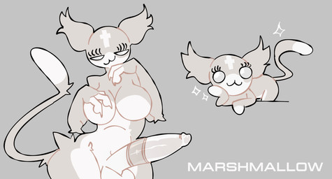 anthro big_ears chibi female fluffy fur genitals intersex looking_at_viewer penis simple_background solo stylized tail tan_body tan_fur tired white_body white_fur latuk mewgenics marshmallow_(mewgenics) absurd_res digital_media_(artwork) hi_res pastel_theme