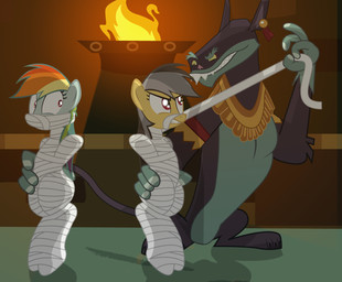 angry blue_body bound captured female feral group hair male pink_eyes tail tail_hand unusual_anatomy unusual_tail yellow_body radiantrealm friendship_is_magic hasbro my_little_pony ahuizotl_(mlp) daring_do_(mlp) rainbow_dash_(mlp) ahuizotl equid equine horse mammal pony 2015