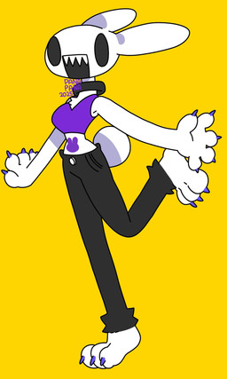 anthro breasts clothed clothing female sharp_teeth simple_background solo teeth yellow_background 87sukiyaki lagomorph leporid mammal rabbit 2025 dated hi_res