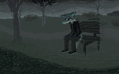anthro bench black_clothing black_shirt black_topwear bleak_ambiance bottomwear clothing detailed_background grass grey_bottomwear grey_clothing grey_pants grey_sky male outside pants plant raining shirt sitting sky solo topwear tree demensa emil_(demensa) canid canine canis coyote domestic_dog hybrid mammal 16:10 2021 digital_media_(artwork) hi_res pixel_(artwork) widescreen