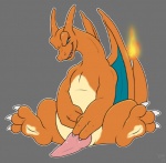 animal_genitalia blue_eyes claws erection fangs feet feral fire flaming_tail genital_slit genitals grey_background hindpaw holding_own_penis holding_penis male orange_body outline paws penis simple_background sitting smile smirk solo spread_legs spreading tail tapering_penis teeth wings x03 nintendo pokemon charizard generation_1_pokemon pokemon_(species) scalie 2017