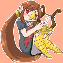 beak blush brown_hair clothed clothing dress female flat_chested hair half-closed_eyes holding_object long_hair lyre musical_instrument narrowed_eyes open_mouth orange_background plucked_string_instrument ponytail red_eyes simple_background sitting solo string_instrument chiji nintendo the_legend_of_zelda wind_waker medli animal_humanoid avian avian_humanoid humanoid rito rito_humanoid 1:1 full-length_portrait portrait
