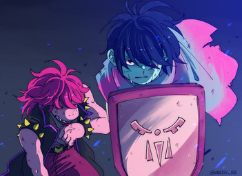 anthro blood bodily_fluids clothed clothing duo female hair male shield negi91rb_(artist) deltarune undertale_(series) kris_dreemurr susie_(deltarune) human mammal reptile scalie 2018 digital_media_(artwork)