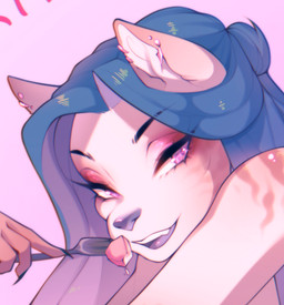anthro blue_hair cutlery eating female female_anthro food fork fur hair kitchen_utensils long_hair looking_at_viewer open_mouth open_smile purple_eyes simple_background smile smiling_at_viewer solo three-quarter_view tools stelladraco mammal digital_drawing_(artwork) digital_media_(artwork) headshot_portrait icon portrait