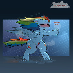 animal_genitalia animal_vulva anthro anthrofied back_wings biped black_text blonde_hair blue_ears blue_hair blue_tail blue_vulva blue_wings blush blush_lines cloud cutie_mark equine_genitalia equine_vulva eyelashes eyes_closed featureless_chest female female_anthro flat_chested genitals green_hair green_tail hair hooves long_hair multicolored_hair multicolored_tail nude nude_anthro nude_female open_mouth orange_hair orange_tail outside pink_inner_ear pink_tongue plump_labia profanity pubes puddle rainbow_hair rainbow_tail raining rectangle_background red_hair red_pubes red_tail semi-anthro snout solo standing storm tail text tongue unguligrade vulgar vulva water wet wind wings yellow_tail cold-blooded-twilight friendship_is_magic hasbro it_fucken_wimdy my_little_pony mythology rainbow_dash_(mlp) equid equine mammal mythological_creature mythological_equine pegasus 1:1 2026 artist_name english_text hi_res meme