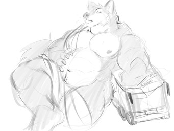 anthro buss clothed clothing destruction eyes_closed hand_on_belly head_tuft macro male muscular muscular_anthro muscular_male neck_tuft nipples overweight overweight_anthro overweight_male pecs simple_background solo tongue tongue_out topless tuft vehicle vehicle_destruction solaxe_(artist) canid canine mammal 4:3 monochrome sketch