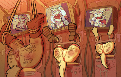abuse age_difference anthro anus areola bdsm big_breasts biped black_nose body_writing bondage boots bound breast_size_difference breasts brown_body brown_fur bruised bruised_eye cheek_tuft clothing countershade_face countershade_fur countershade_torso countershading ear_piercing ear_ring electronics facial_tuft female female_anthro flat_chested footwear fur genitals group high-angle_view humanoid_genitalia humanoid_vulva inside larger_female lying medium_breasts multicolored_body multicolored_fur nipples older_female on_back piercing pubic_mound public_use red_scarf ring_piercing scarf shoes size_difference smaller_female tally_marks tan_body tan_fur television text through_wall trio tuft two_tone_body two_tone_fur vulva western_tally_marks white_body white_countershading white_fur writing_on_butt writing_on_leg young young_anthro young_female younger_female quarryjade laika_aged_through_blood laika_(laika_aged_through_blood) maya_(laika_aged_through_blood) puppy_(laika_aged_through_blood) canid canine canis coyote mammal 2026 character_request english_text hi_res