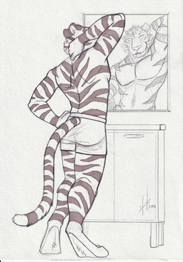 anthro athletic athletic_anthro athletic_male bottomwear clothed clothing empty_eyes male male_anthro markings mirror rear_view solo standing striped_arms striped_legs striped_markings striped_tail stripes tail tail_markings topless underwear hufnaar felid mammal pantherine tiger 2017 absurd_res dated hi_res monochrome