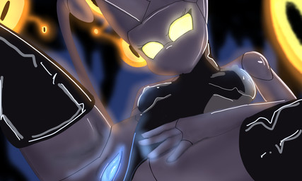 blue_nipples blue_vulva clothing female genitals glowing glowing_eyes glowing_genitalia latex latex_clothing latex_legwear legwear machine nipples solo vulva yellow_eyes sh1vss android humanoid robot robot_humanoid 5:3 hi_res