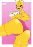 anthro beakless black_sclera breasts clothed clothing eyebrows female lips machine nipple_outline non-mammal_breasts open_mouth pink_clothing pink_underwear sharp_teeth skimpy solo teeth tongue underwear yellow_body dirtyduckart five_nights_at_freddy's five_nights_at_freddy's_2 scottgames toy_chica_(fnaf) animatronic avian bird chicken galliform gallus_(genus) phasianid robot 2022 digital_media_(artwork) hi_res