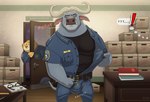 anthro benjamin_clawhauser bovid bovine bulge cape_buffalo cheetah chief_bogo clothing detailed_bulge disney duo felid feline hi_res horn lovkuma male mammal offscreen_character police police_uniform solo_focus undressing uniform unzipping zootopia