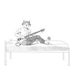 anthro bass_guitar bed clothing digitigrade furniture guitar male musical_instrument on_bed pajamas paws playing_bass playing_guitar playing_music plucked_string_instrument solo string_instrument drills_out azariah_(drills_out) bovid caprine felid feline goat hybrid mammal 1:1 digital_media_(artwork) monochrome