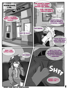 anthro border duo female male public rubbing speech_bubble text under_table white_border redfoxsoul gazelle_(redfoxsoul) robb antelope bovid canid canine canis mammal mustelid otter wolf absurd_res comic digital_drawing_(artwork) digital_media_(artwork) english_text greyscale hi_res monochrome spot_color