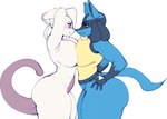 2024 anthro big_breasts big_butt blue_body blue_fur blush breast_squish breast_to_breast breasts breasts_frottage butt canid canine duo eye_contact female female/female fur generation_1_pokemon generation_4_pokemon hand_on_hip hands_behind_head huge_breasts legendary_pokemon looking_at_another lucario mammal mewtwo narrowed_eyes nintendo nocturne_(artist) nude pokemon pokemon_(species) purple_eyes side_view simple_background squish standing tail tan_body tan_fur thick_thighs white_background white_body