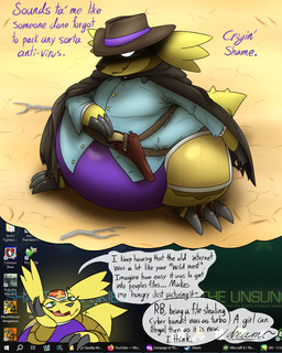 anthro belly big_belly claws clothing computer cowboy electronics female gun handgun hat headgear headwear huge_belly obese overweight pistol ranged_weapon solo text weapon thatoneaceguy bandai_namco digimon armadillomon digimon_(species) 2025 4:5 english_text hi_res