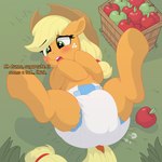 apple applejack_(mlp) basket big_diaper blonde_hair blush clothed clothing container cowboy_hat dialogue diaper diaper_fetish earth_pony embarrassed english_text equid equine female feral food freckled_face freckles friendship_is_magic fruit grass green_apple green_eyes hair hasbro hat headgear headwear hi_res hooves horse lying mammal my_little_pony nineplusten on_back open_mouth orange_body outside plant pony poofy_diaper red_apple solo spread_legs spreading tail teeth text tongue wearing_diaper wearing_hat white_diaper yellow_tail