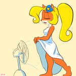 anthro barefoot bottomwear clothed clothing clothing_lift dress dress_lift electric_fan eyes_closed feet female hair heat_(temperature) plantigrade ponytail relieved simple_background skirt skirt_lift solo ema_npr activision crash_bandicoot_(series) coco_bandicoot bandicoot mammal marsupial 1:1 hi_res