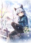 blush bow_(feature) bow_tie clothed clothing female flower footwear grey_hair hair jacket legwear long_hair orange_eyes pantyhose plant shoes sitting snow solo topwear upskirt winter akasiosio kemono_friends silver_fox_(kemono_friends) animal_humanoid canid canid_humanoid canine canine_humanoid fox_humanoid humanoid mammal mammal_humanoid hi_res