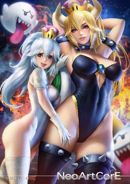 alternate_species breasts cleavage clothed clothing collar crossgender crown fangs female group headgear humanoidized legwear leotard licking licking_lips mtf_crossgender self_lick size_difference spiked_collar spikes stockings super_crown teeth tight_clothing tongue tongue_out neoartcore bowsette_meme luigi's_mansion mario_bros nintendo boosette bowser king_boo animal_humanoid boo_(mario) ghost humanoid koopa scalie spirit 2018 meme