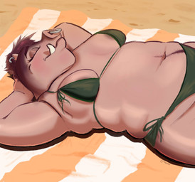 anthro areola areola_slip beach beach_towel belly breasts clothing ear_piercing eyes_closed facial_piercing female hair hands_behind_head lounging navel nose_piercing nose_ring overweight overweight_anthro overweight_female piercing pubes ring_piercing snout solo swimwear text towel tusks two-piece_swimsuit tygr3ss dreamworks the_bad_guys pigtail_(the_bad_guys) mammal suid suine sus_(pig) wild_boar artist_name hi_res