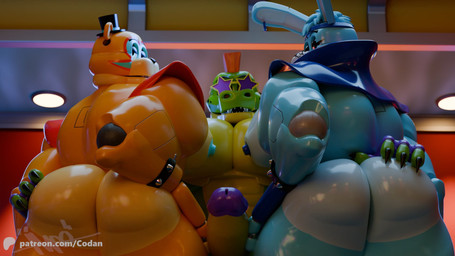 accessory anthro big_butt big_penis blue_body butt butt_grab clothing eyewear genitals glasses green_body group hand_on_butt hat headgear headwear huge_butt looking_at_viewer looking_back looking_back_at_viewer machine male male/male muscular muscular_anthro muscular_male orange_body penis rear_view trio codans five_nights_at_freddy's five_nights_at_freddy's:_security_breach scottgames steel_wool_studios glamrock_bonnie_(fnaf) glamrock_freddy montgomery_gator alligator alligatorid animatronic bear crocodilian lagomorph leporid mammal rabbit reptile robot scalie 16:9 hi_res widescreen