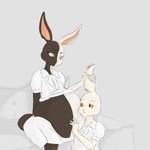 abdominal_bulge anthro belly belly_rub big_belly bully bullying clothing duo female female/female holding_both_ears oral_vore safe_vore school_uniform uniform vore ashantihyena beastars haru_(beastars) mizuchi_(beastars) domestic_rabbit dwarf_rabbit harlequin_rabbit humanoid lagomorph leporid mammal oryctolagus rabbit 1:1 absurd_res hi_res