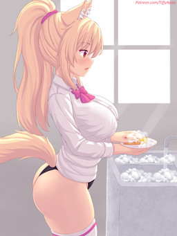 alternative_fashion blonde_hair butt clothed clothing fangs female gyaru hair inner_ear_fluff j-fashion kogal legwear long_hair open_mouth panties plate ponytail pupils red_eyes shirt sink slit_pupils soap solo sponge teeth topwear tuft underwear washing_dishes water fastrunner2024 tiffy_(fastrunner2024) animal_humanoid felid felid_humanoid humanoid mammal mammal_humanoid 2020 3:4 digital_media_(artwork) hi_res shaded