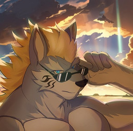 anthro biceps blonde_hair blue_body blue_eyes blue_fur cloud eyewear facial_tattoo fur hair male muscular muscular_anthro muscular_male pecs shirtless shirtless_anthro shirtless_male solo sunglasses sunset tattoo bluealier lifewonders tokyo_afterschool_summoners fenrir_(tas) canid canine canis mammal wolf low_res