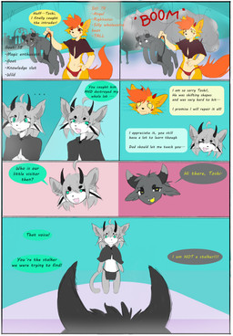 anthro bottomwear clothing clothing_pull dialogue female fur grey_body grey_fur group hair horn loincloth male navel orange_hair simple_background text trio yellow_body yellow_fur tenshiistar sol_(forrest18) toshi_(forrest18) bovid caprine demon felid goat hybrid mammal absurd_res comic english_text hi_res
