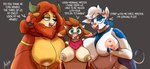 anthro big_breasts bodily_fluids breasts dialogue female group huge_breasts lactating mascot nipples smile smiling_at_viewer talking_to_viewer text trio azulejo friendship_is_magic hasbro lactaid my_little_pony them's_fightin'_herds arizona_cow_(tfh) lactaid_cow yona_yak_(mlp) bovid bovine cattle mammal yak english_text hi_res