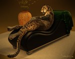 chair female feral furniture jewelry looking_aside lounge_chair lying on_side open_mouth pawpads rear_view solo tail sherwood cheetah felid feline mammal 3d_(artwork) digital_media_(artwork)