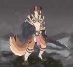 alec_m_ivers anthro armor balls big_balls big_penis bone bottomwear brown_body brown_fur canid canine canis capcom clothing flaccid fur genitals huge_penis loincloth male mammal melee_weapon monster_hunter natebooze penis shield solo sword weapon wolf