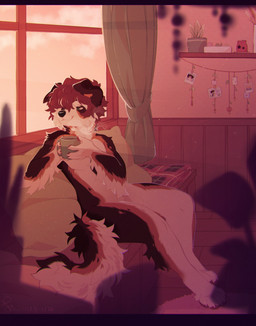 anthro brown_hair cheek_tuft comfy container cozy cup facial_tuft fingers floppy_ears fur hair holding_container holding_cup holding_object inside looking_back male multicolored_body multicolored_fur pawpads plant short_hair sitting smile snout solo tuft window shiones canid canine canis domestic_dog mammal colored digital_drawing_(artwork) digital_media_(artwork) hi_res shaded