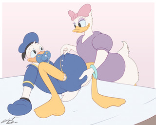 anthro bedroom_eyes blush clean_diaper clothed clothing crab_walk diaper diaper_under_clothing dominant dominant_female duo embarrassed female handwear male mittens narrowed_eyes onesie pacifier sailor_uniform seductive snapsuit submissive submissive_male uniform wearing_diaper steelshark disney daisy_duck donald_duck anatid anseriform avian bird duck 5:4 absurd_res hi_res