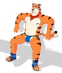 anthro armpit_hair barazoku big_bulge blue_nipples body_hair bulge clothing countershading footwear hair jockstrap kerchief male mascot muscular nipples pecs shoes simple_background sitting smug solo stripes underwear white_background privon frosted_flakes kellogg's tony_the_tiger felid mammal pantherine tiger hi_res