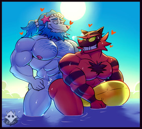 abs anal anal_penetration anthro anthro_on_anthro anthro_penetrated anthro_penetrating anthro_penetrating_anthro anthrofied balls_deep barazoku beard bent_over biceps biped black_body black_border black_fur black_stripes blue_eyes blue_hair body_hair bodyguard_position border breath cheek_tuft chest_hair chest_tuft cloud collarbone daddyfication duo eye_contact eyebrows facial_hair facial_tuft fangs fist from_behind_position fur gem grey_nipples hair hairy half-closed_eyes hand_on_hip happy happy_sex heart_symbol holding_object humanoid_hands inflatable interspecies light looking_at_another looking_at_partner looking_back male male/male male_penetrated male_penetrating male_penetrating_male manly motion_lines multicolored_body multicolored_fur muscular muscular_bottom muscular_male muscular_thighs muscular_top narrowed_eyes navel nipples nude outside panting partially_submerged pearl_(gem) pecs penetration pink_nipples pink_nose pokemorph ponytail pubes quads red_body red_fur red_nose romantic romantic_couple sea seductive sex shadow sharp_teeth side_view sky smile snout standing standing_sex starfish_(accessory) striped_body striped_fur stripes sun sunlight teeth thrusting toony tuft two_tone_body two_tone_fur unibrow water wet whiskers white_body yellow_sclera elfein nintendo pokemon aquatic asterozoan echinoderm felid generation_7_pokemon incineroar mammal pinniped pokemon_(species) primarina starfish 2018 digital_drawing_(artwork) digital_media_(artwork) lighting watermark