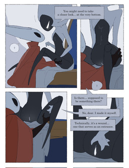 anthro bedroom biped black_body black_eyes border bottomless bottomless_female bottomless_humanoid cloak clothed clothing detailed_background dialogue duo empty_eyes exclamation_point eye_contact female female/female female_anthro female_humanoid genitals humanoid_on_anthro inside looking_at_another looking_at_partner mouthless presenting presenting_vulva question_mark red_cloak red_clothing saliva_on_chest sitting speech_bubble spread_legs spreading talking_to_another talking_to_partner text vulva white_body white_border white_eyes white_vulva wounded justdog hollow_knight:_silksong hollow_knight_(franchise) team_cherry hornet_(hollow_knight) lace_(hollow_knight:_silksong) arthropod humanoid 2025 comic digital_drawing_(artwork) digital_media_(artwork) english_text hi_res