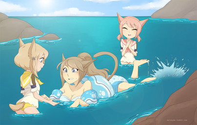 accessory age_difference ageplay blue_eyes bodily_fluids breasts brown_hair clothing cloud diaper doggy_paddle female group hair hair_accessory infantilism inflatable inflatable_armbands inner_tube nervous pink_hair ponytail pool_float raised_tail rock role_reversal roleplay sea sky smile splash sweat sweatdrop swimwear tail teaching water young young_female young_humanoid merunyaa final_fantasy final_fantasy_xiv final_fantasy_xiv:_heavensward square_enix khloe_aliapoh t'kebbe zhloe_aliapoh animal_humanoid cat_humanoid felid felid_humanoid feline feline_humanoid humanoid mammal mammal_humanoid miqo'te 2017 absurd_res digital_media_(artwork) hi_res shaded