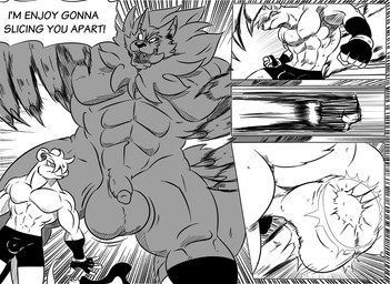 abs anthro ball_punching ballbusting balls balls_shot bottomwear bulge claws clothed clothed_anthro clothed_male clothing cock_and_ball_torture crotch_tuft dialogue duo fight flaccid genital_shot genital_torture genitals glans gloves hair handwear jiggling_balls loincloth looking_back male male/male male_anthro mostly_nude mostly_nude_anthro mostly_nude_male muscular muscular_male pain pecs penis punch ruff size_difference speech_bubble tail teeth text tongue tongue_out topless topless_anthro topless_male tuft wristband reagan700 canid canine canis mammal mouse murid murine rodent wolf comic english_text hatching_(art) monochrome shaded