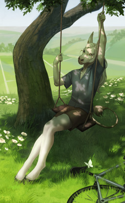 anthro biped bottomwear clothed clothed_anthro clothed_male clothing day eyewear fingers front_view fully_clothed fully_clothed_anthro fully_clothed_male fur glasses hair hooves male outside pants piercing plant shirt sitting solo tail topwear tree plgdd asinus donkey equid equine mammal 2026 absurd_res digital_drawing_(artwork) digital_media_(artwork) hi_res