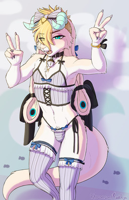 anthro bell bell_collar blonde_hair blush bow_ribbon buckteeth bulge clothed clothing collar colored_nails crossdressing detailed_bulge ear_piercing eyeshadow femboy floppy_ears fur gauged_ear gesture hair hand_gesture horn jewelry legwear lingerie looking_at_viewer lop_ears makeup male nails necklace open_mouth panties piercing solo stockings tail tan_body tan_fur teeth topwear tuft underwear v_sign punkpega mythology dragon hybrid lagomorph leporid mammal mythological_creature mythological_scalie rabbit scalie 2026 hi_res