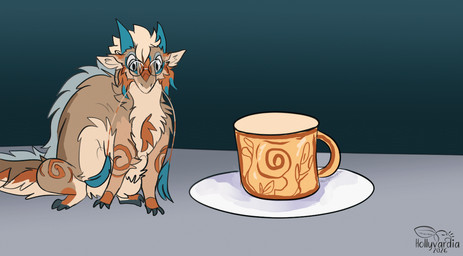ambiguous_gender blue_body blue_fur blue_horn blue_mane brown_body brown_fur container cup daww eyewear feral fur glasses grey_eyes horn mane plate solo whiskers hollyvardia mythology dragon furred_dragon furred_scalie mythological_creature mythological_scalie scalie animated